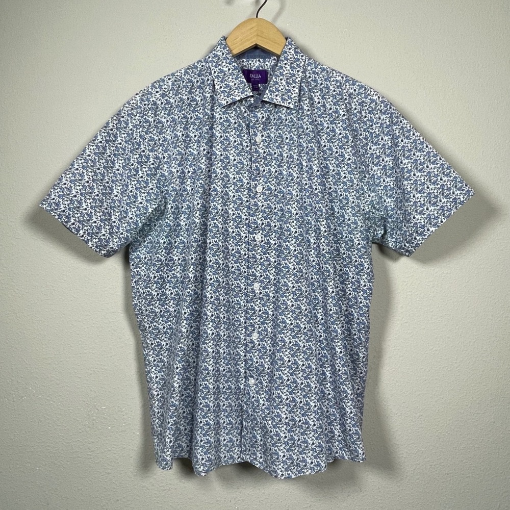 Tallia Floral Button Down Shirt Mens XL Blue White Short Sleeve Cotton Blend